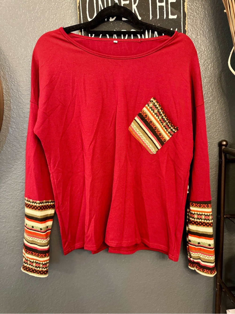 Red Women's Long Sleeve Top with Patterned Pocket and Cuffs Large